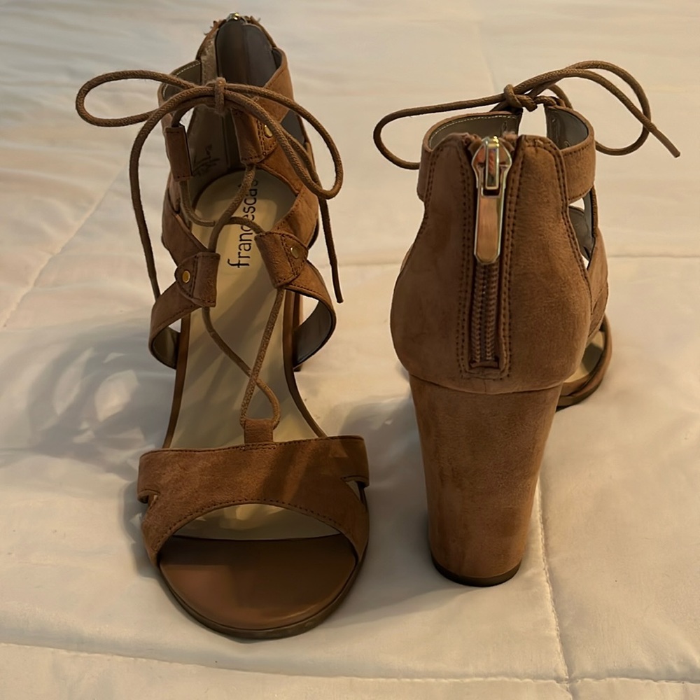 Francesca’s Eliza Lace-Up Block Heel Sandal - Caramel - Size 8